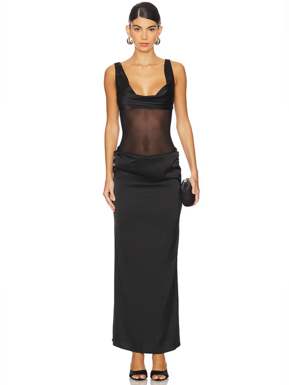 Superdown Revolve Astri Black Draped Satin Cowl Neck Mesh Maxi Dress Size XS NWT